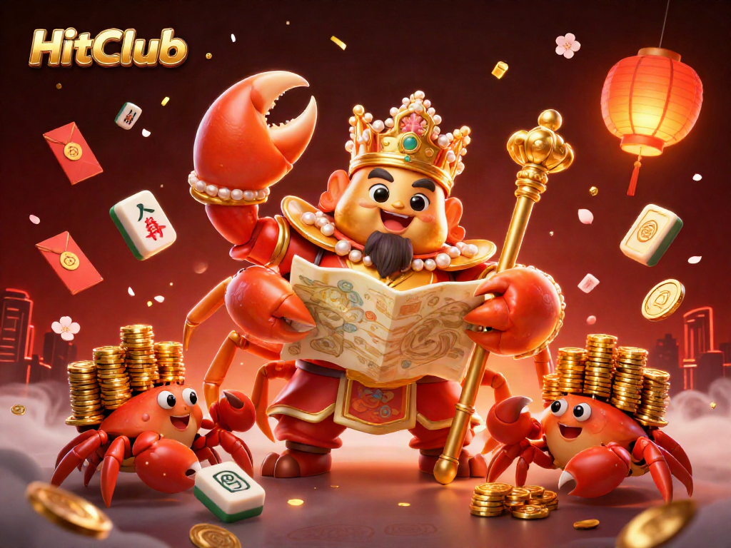 Engage with HitClub's vibrant casino world featuring a golden crab emperor and treasure elements.