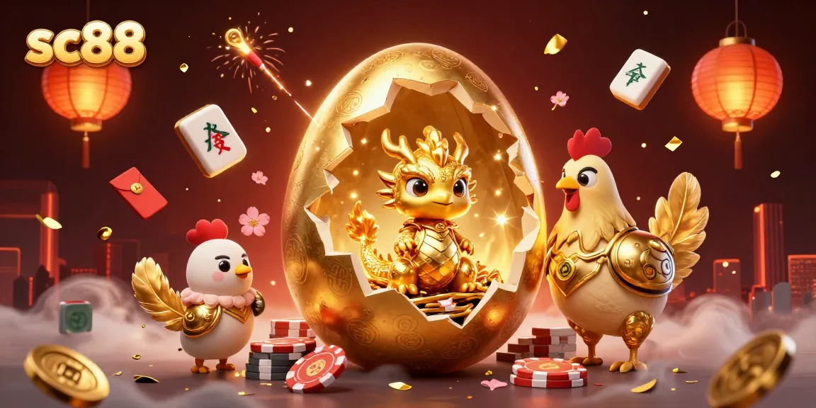 Engage with the excitement of sc88 through a vibrant 3D illustration showcasing a golden baby dragon on poker chips.