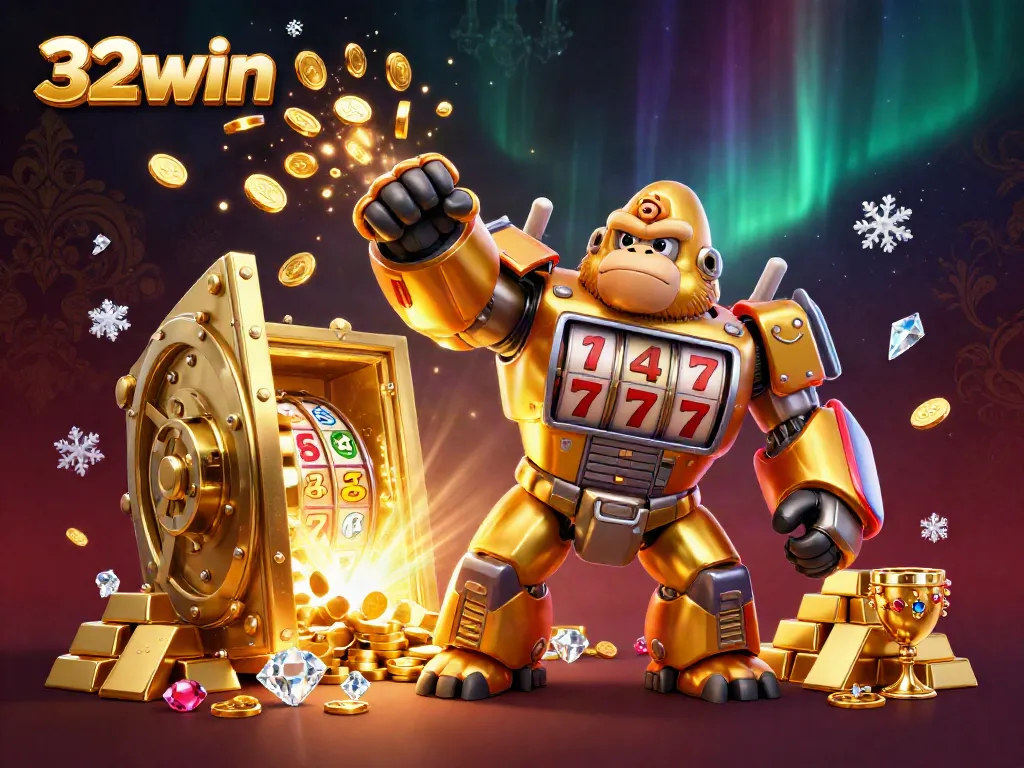 Experience the excitement of 32win with a golden gorilla mech amidst dazzling casino treasures.