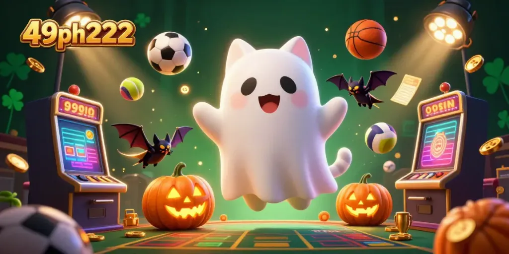 Experience the excitement of 49ph222 with a ghostly cat and glowing slots in a haunted casino.