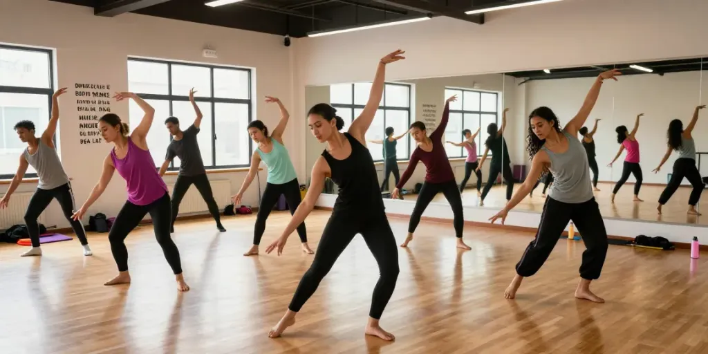 Dancers at kineticsynergydancecompany.com performing in a bright studio with natural light and mirrors.