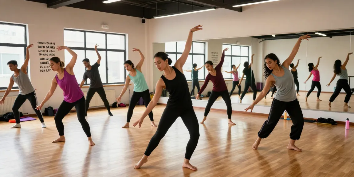 Dancers at kineticsynergydancecompany.com performing in a bright studio with natural light and mirrors.