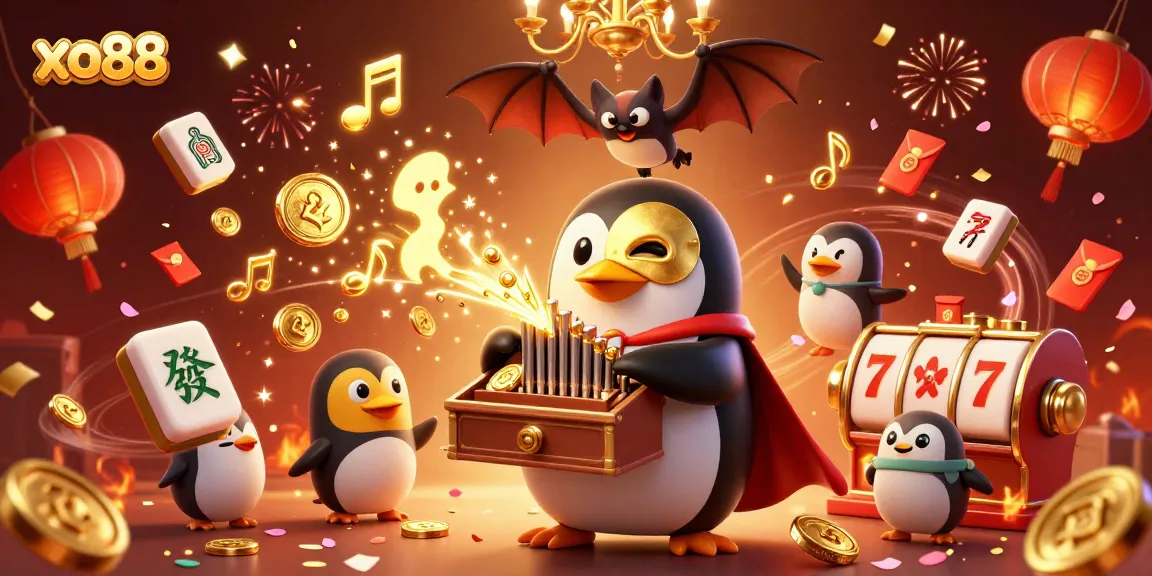 Engage with the joyful xe88 experience featuring a penguin organist surrounded by winning casino symbols.