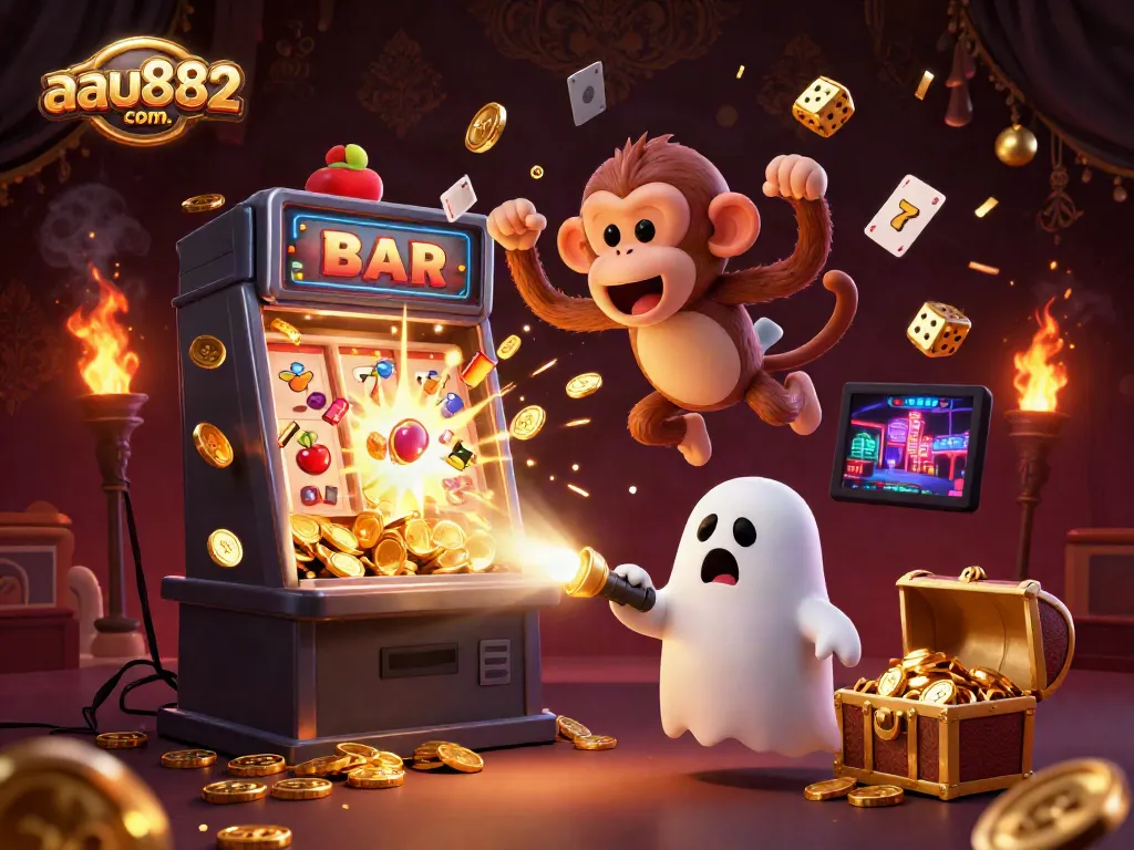 Join the excitement at aau882 com with a juggler monkey and glowing elements in a vibrant casino scene.