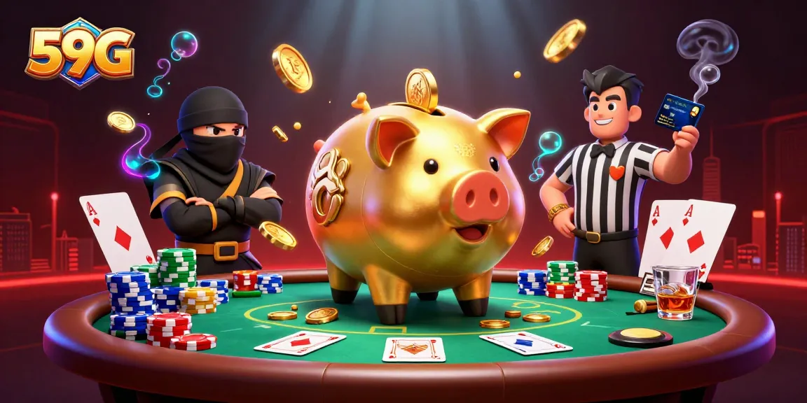 Engage with 59G's vibrant casino atmosphere featuring a golden piggy bank and samurai.