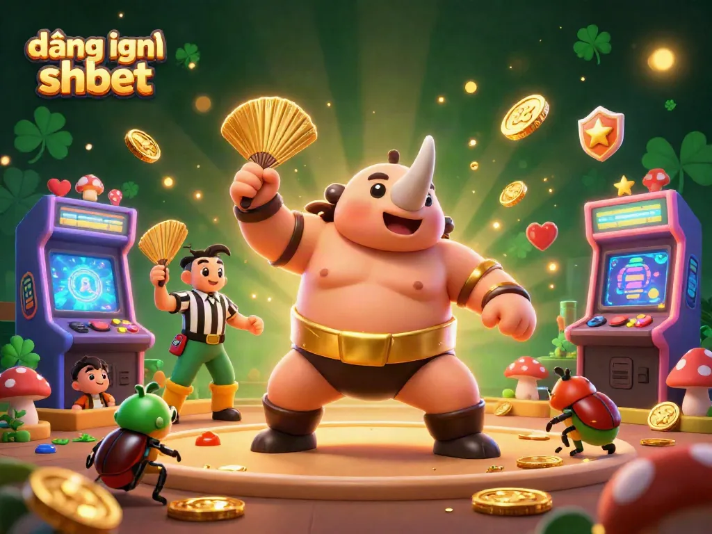 Experience the thrill of đăng nhập shbet with a dynamic 3D illustration featuring a sumo champion beetle and casino themes.