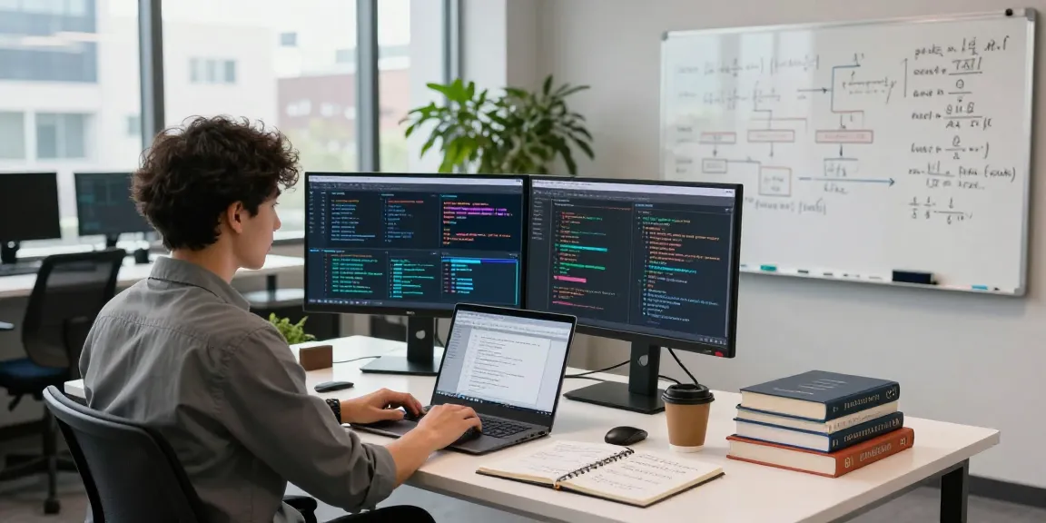 Data scientist using machine learning tools at a modern workspace with multiple screens and collaborative elements.
