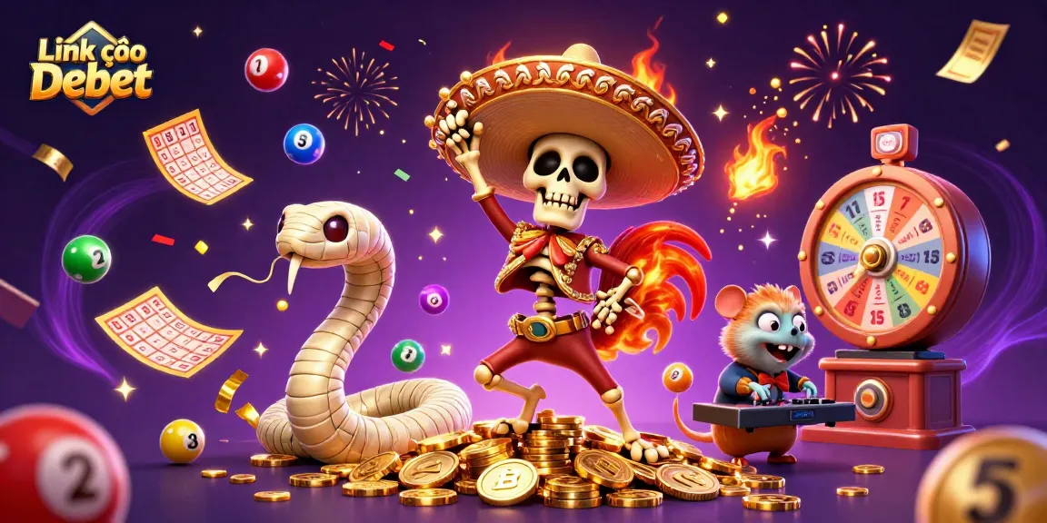 Link vào Debet showcases vibrant energy with skeleton mariachi rooster dancing on coins.