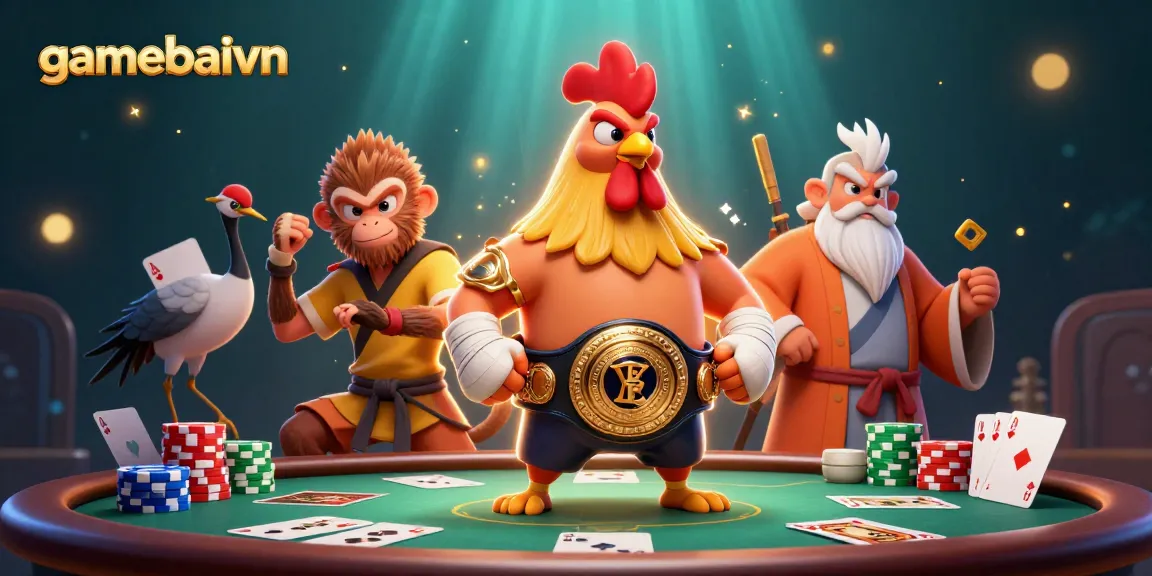 gamebaivn showcases an epic poker battle scene with animated characters and colorful game elements.
