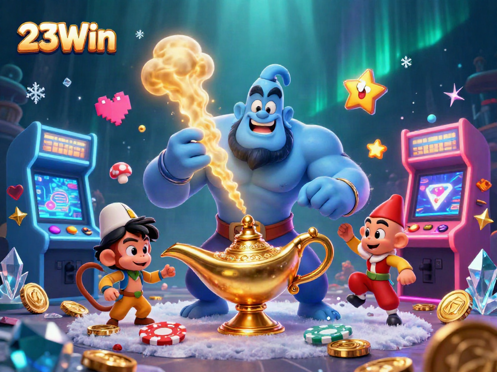 Experience thrilling gaming adventures at 23Win with a magical genie amidst poker chips and vibrant casino elements.