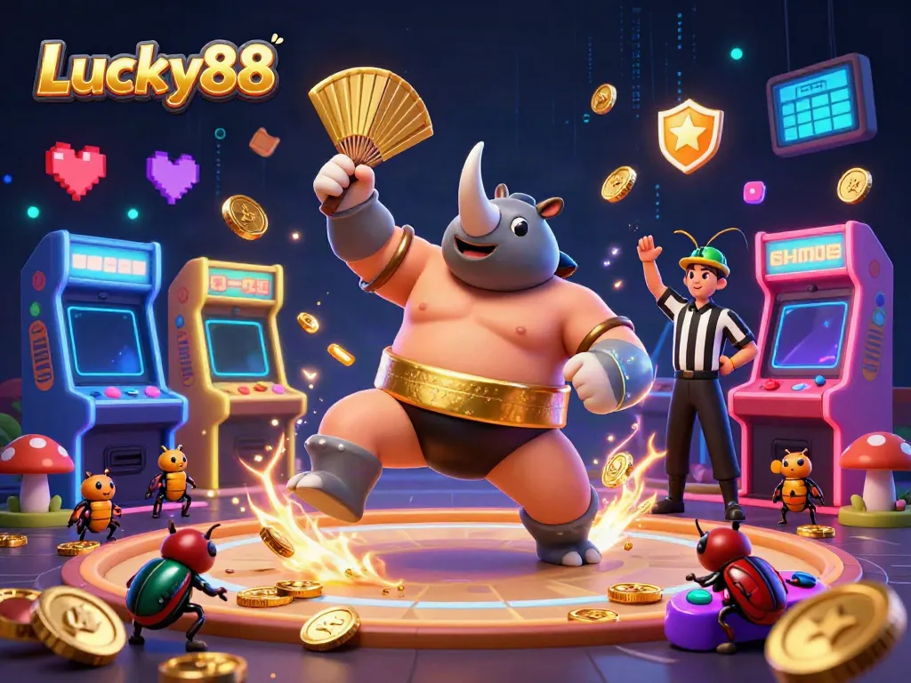 Experience thrilling moments at Lucky88 with a dynamic scene featuring a sumo beetle champion and vibrant gaming elements.