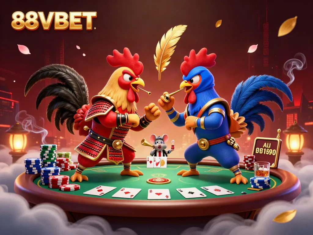 Engage with the thrilling world of 88VBET featuring fierce roosters and vibrant poker elements in this dynamic illustration.