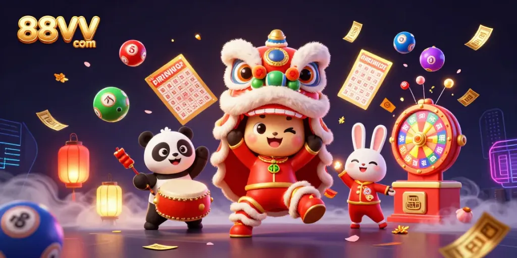 Play exciting games with 88VV com's vibrant 3D cartoon illustration featuring a lion dance and lucky symbols.