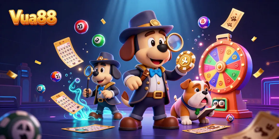 Join Vua88's thrilling experience as a detective uncovers hidden treasure among vibrant lottery games.