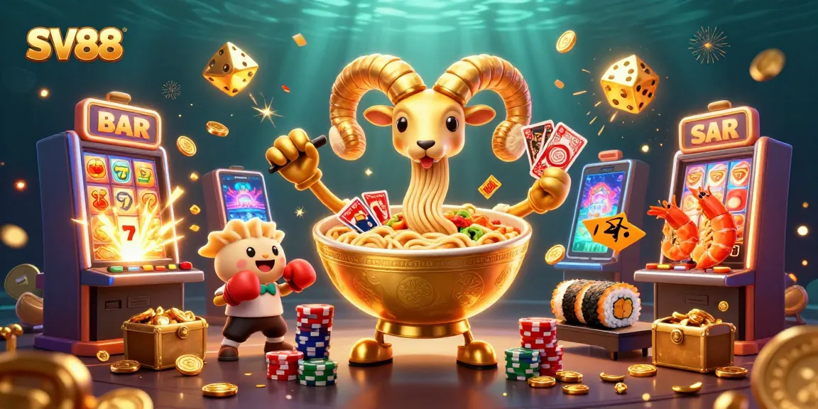 SV88's vibrant online casino scene with a giant ramen bowl dealer amidst jackpots and energetic elements.