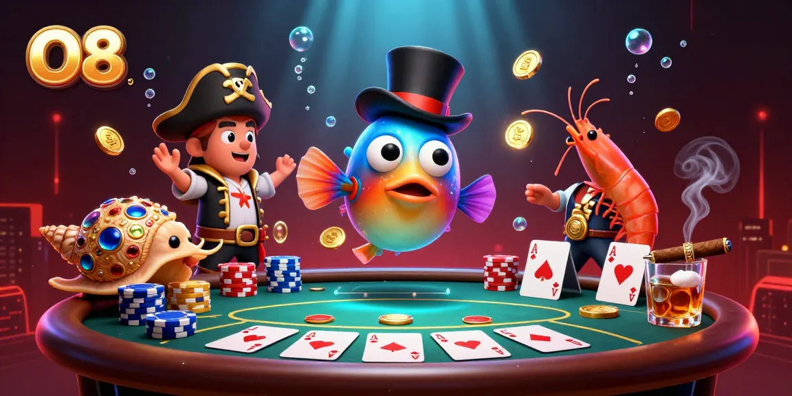 Experience thrilling poker action at O8 with a vibrant 3D scene featuring deep-sea characters.