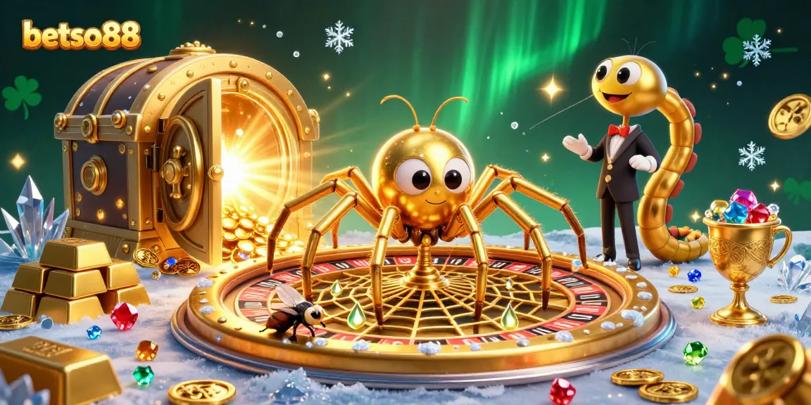 Experience the high stakes of betso88 with a golden spider and centipede croupier in a dazzling casino scene.