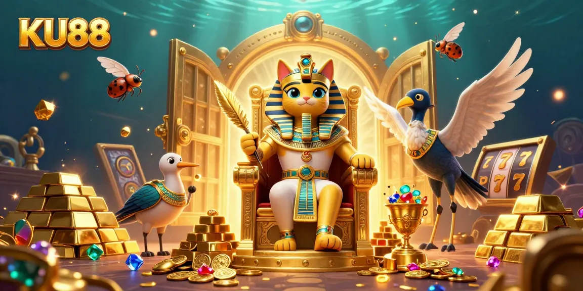 Engage with KU88's slots featuring cartoon pharaoh cat and rich treasures in a dazzling casino scene