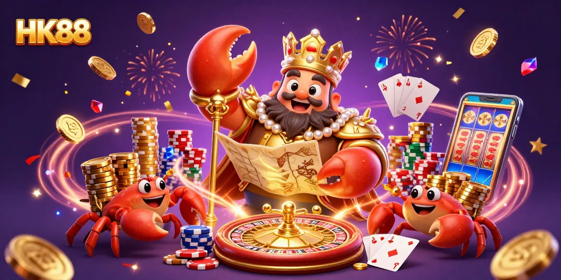 Engage with HK88's vibrant casino world, featuring a golden crab emperor amid a treasure of gaming.