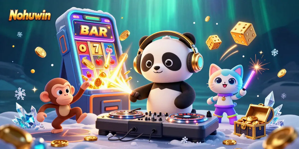 Nohuwin brings excitement with cartoon DJ panda, dancing monkey, and glowing kitten at a festive casino scene.