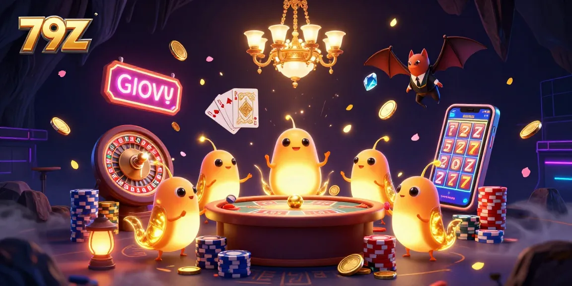 Experience the thrill of winning at 79Z with our vibrant casino scene featuring glowworms and a bat dealer.