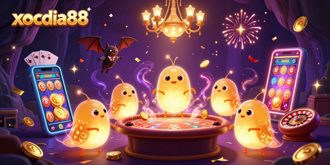 xocdia88 offers a vibrant, engaging casino illustration with glowworms, a bat dealer, and dynamic game elements.