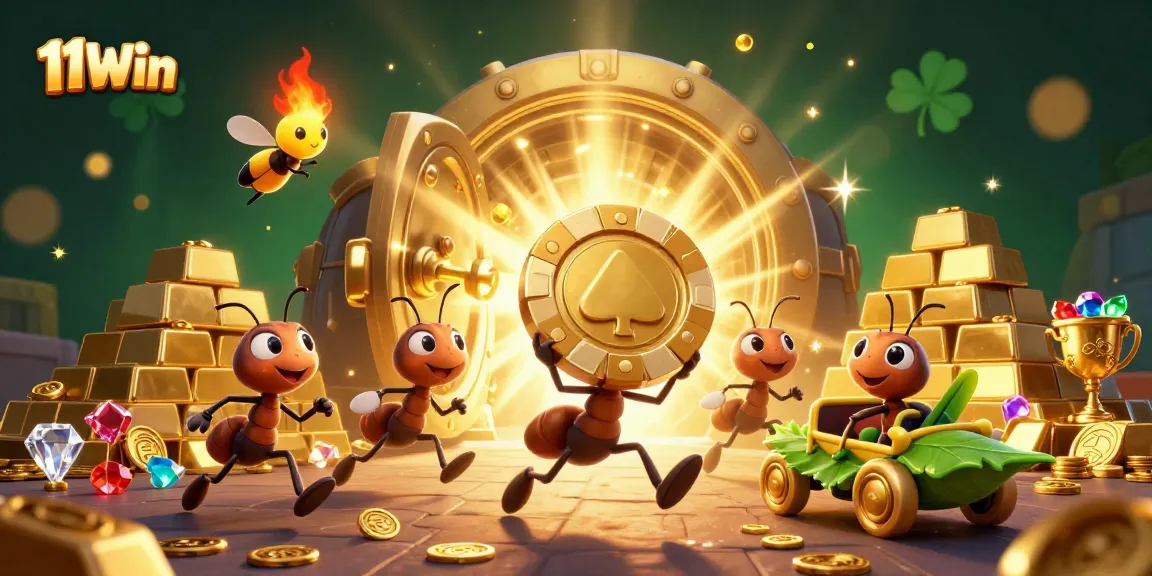 Play exciting games and win with 11Win as playful ants carry a giant poker chip in a rich casino adventure.