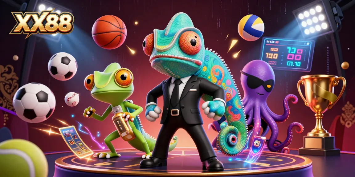 Engage in thrilling sports betting action with XX88's vibrant gaming scene featuring colorful agents and dynamic elements.