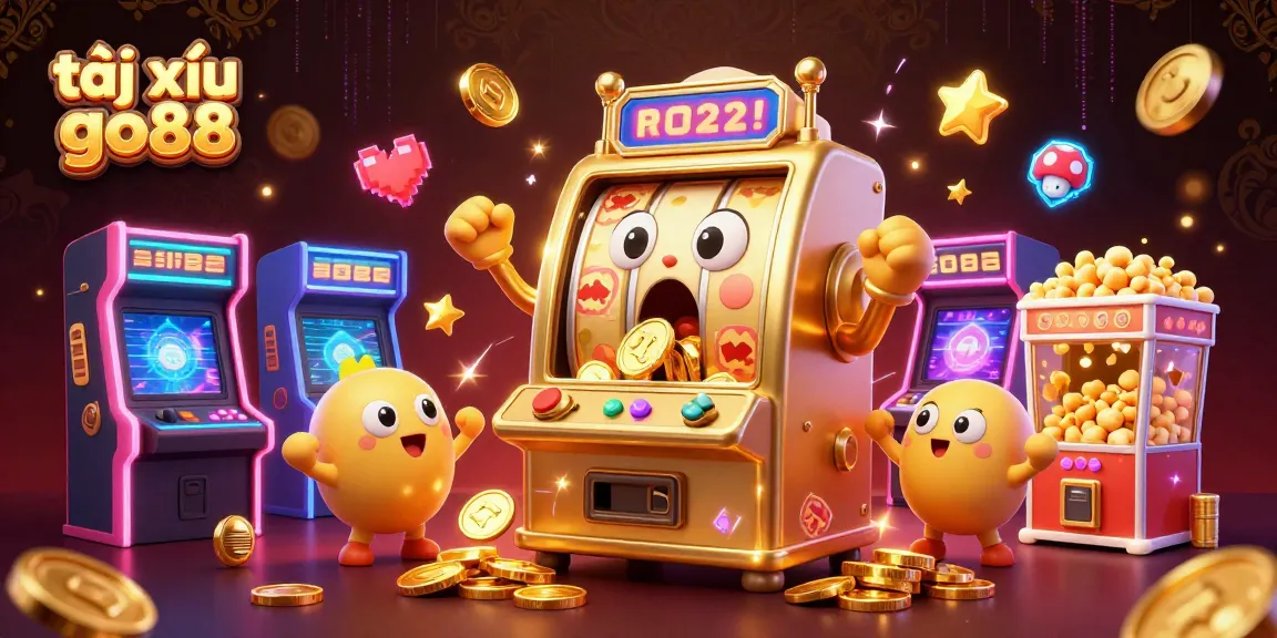 Tài xỉu go88 showcases a lively 3D cartoon slot machine hitting a jackpot as it overflows with coins.