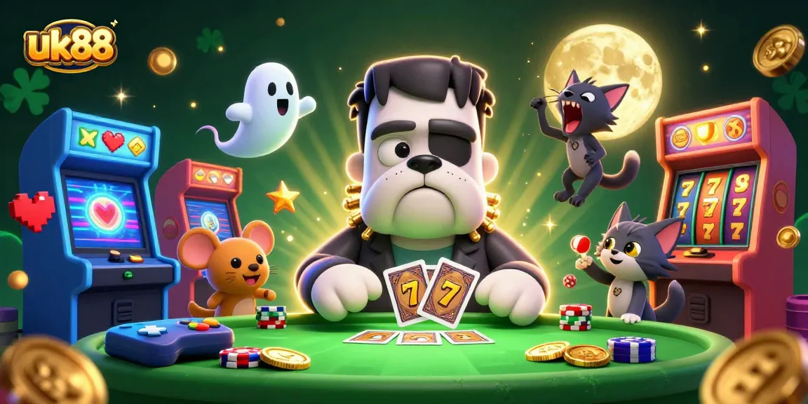 uk88 unleashing excitement as a Frankenstein bulldog deals cards amid colorful casino vibes.
