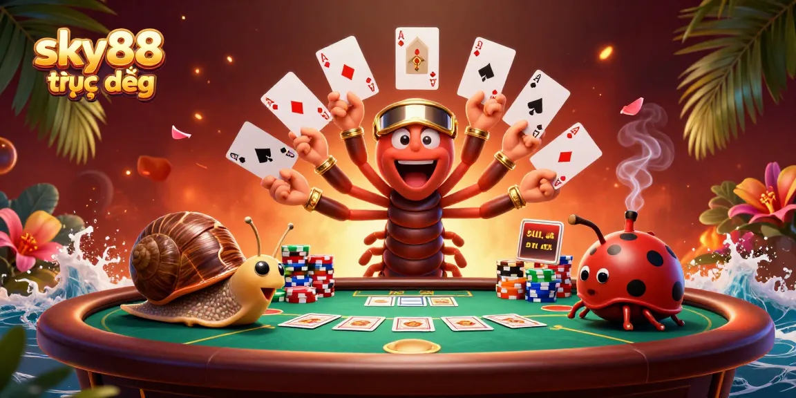 Experience sky88 trực tiếp with a 3D dealer showcasing vibrant poker action packed with cards and chips.