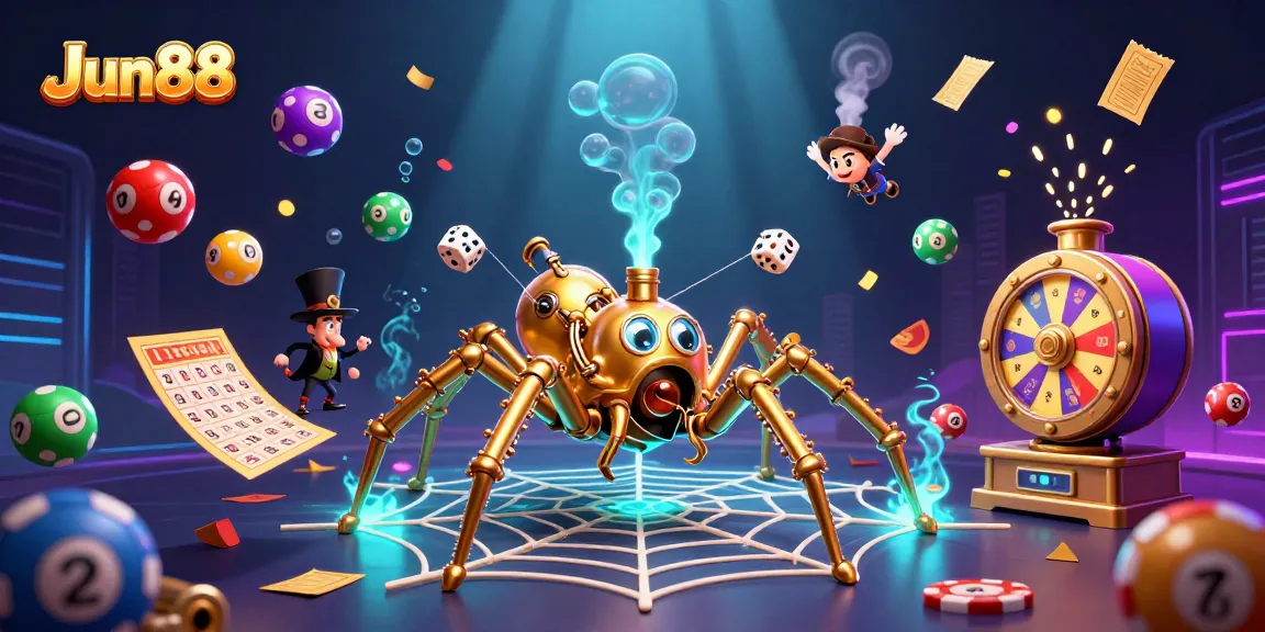 Experience thrilling gambling with Jun88 as a steampunk spider captures dice amidst vibrant lotteries and confetti.
