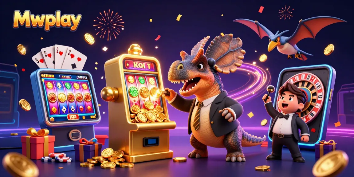 Mwplay showcases a thrilling scene with a dinosaur hitting a jackpot, capturing the excitement of online casino games.