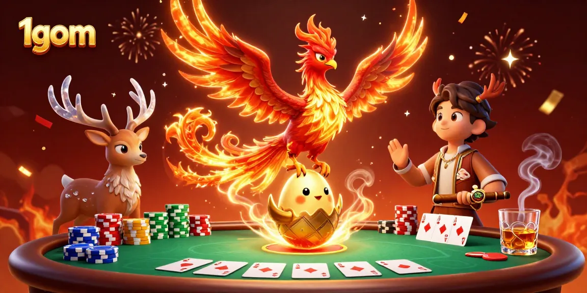 Experience thrilling bets at 1gom with vibrant phoenixes and poker elements in action.