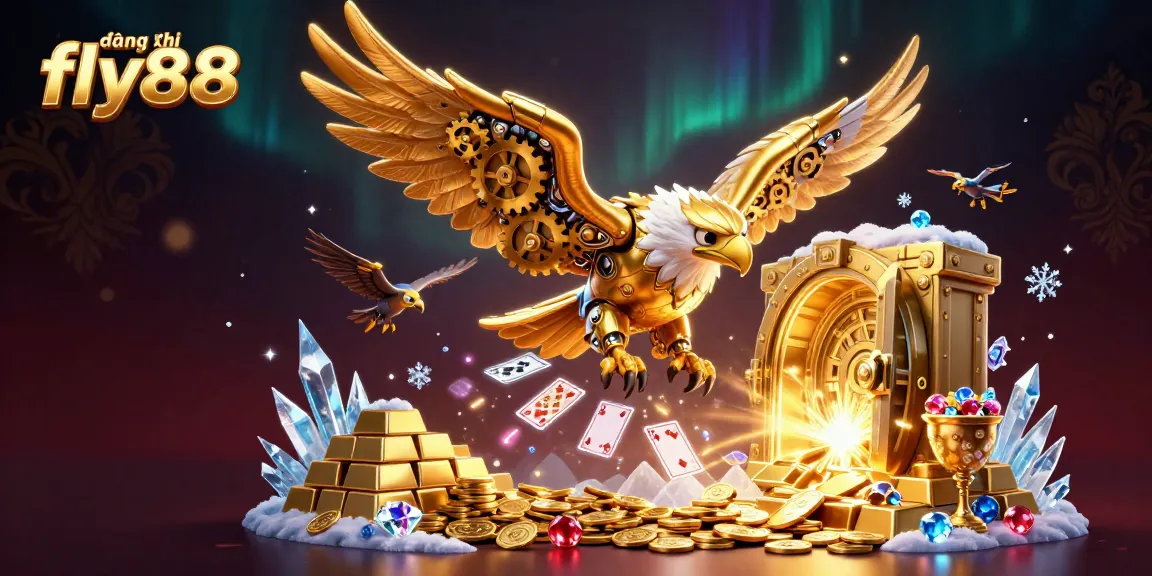 Engage with the vibrant world of đăng ký fly88 as a cybernetic eagle dives through holographic cards amidst gold treasures.