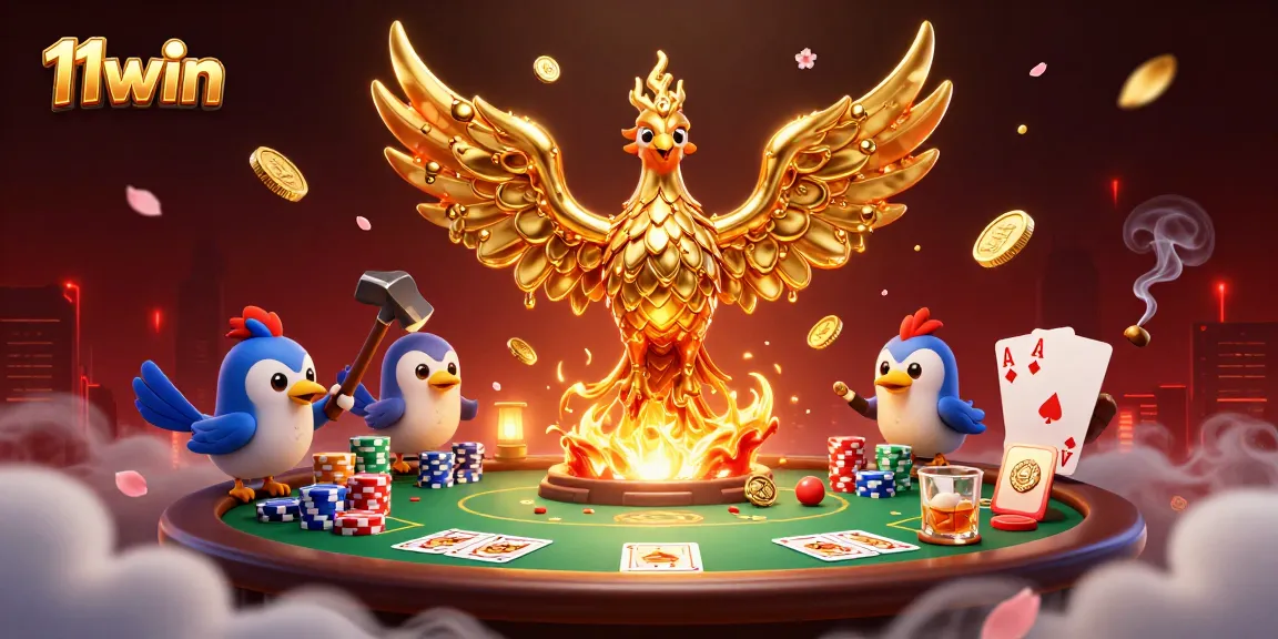 Experience thrilling casino action with 11win as molten metal phoenix transforms into coins amidst poker excitement.