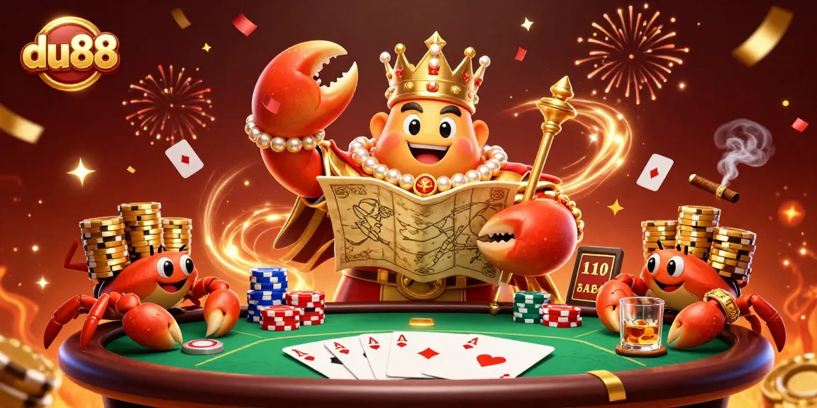 Experience the excitement of du88 with lively poker elements and a majestic crab character in a vibrant casino scene.