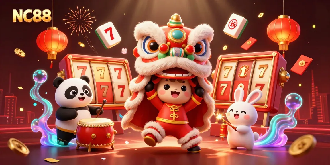 Experience exciting gameplay at NC88 with a colorful 3D illustration showcasing festive characters and casino elements.
