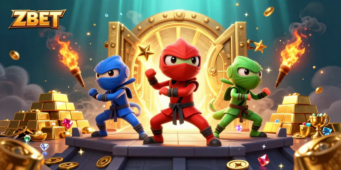ZBET offers thrilling casino challenges with ninja chameleons amidst golden treasures in a dynamic scene.