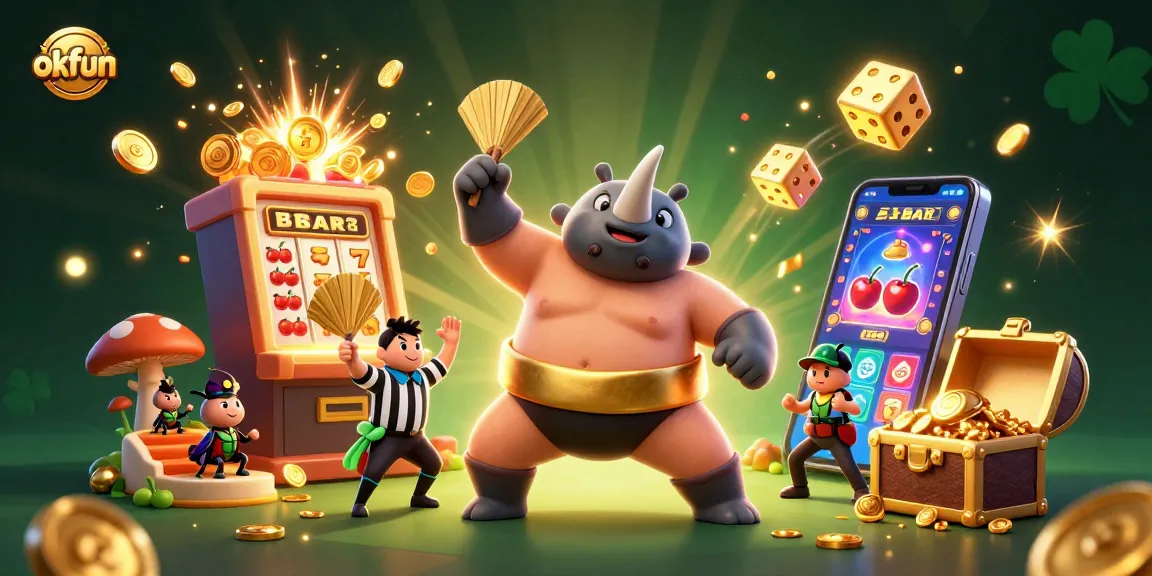 Experience the excitement of okfun with a vibrant 3D casino scene featuring animated characters and a slot machine explosion.