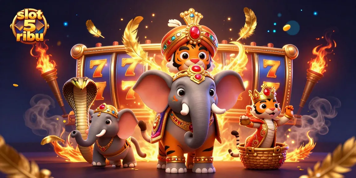 Engage with slot 5 ribu games featuring a dynamic scene with cartoon characters, vibrant slot reels, and swirling ember particles.