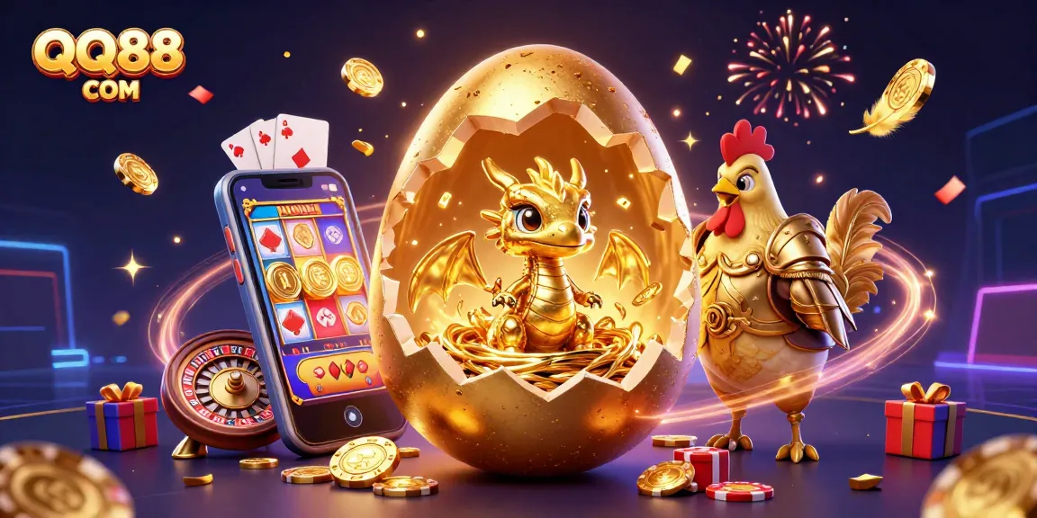 Experience the excitement of QQ88 COM with a golden dragon and vibrant casino elements
