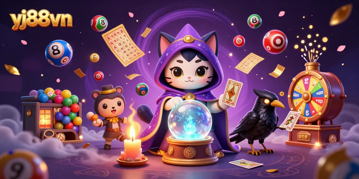 Experience excitement with vj88vn's thrilling lottery scene, featuring mystical figures and vibrant game elements.